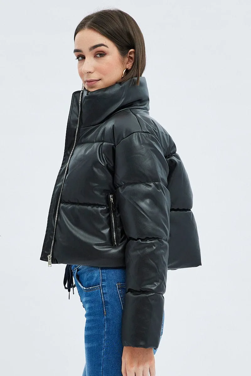 Black Jacket Zip Thru Long Sleeves Faux Leather