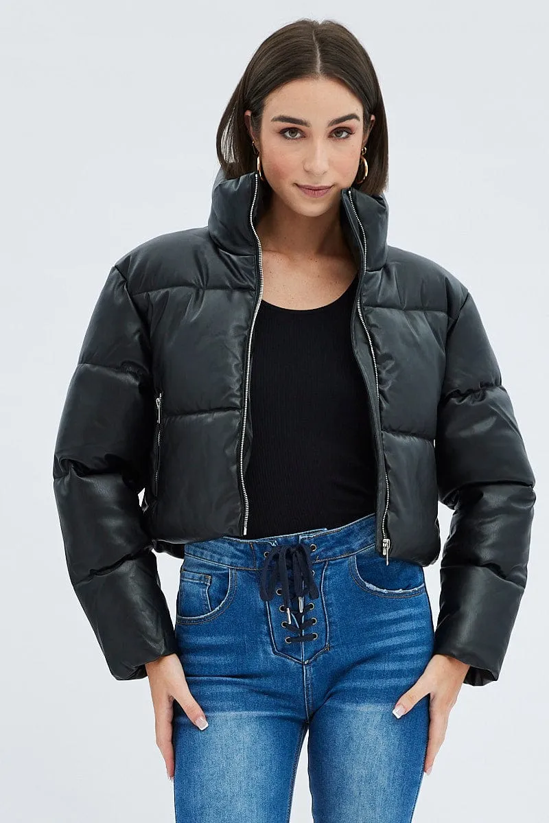 Black Jacket Zip Thru Long Sleeves Faux Leather