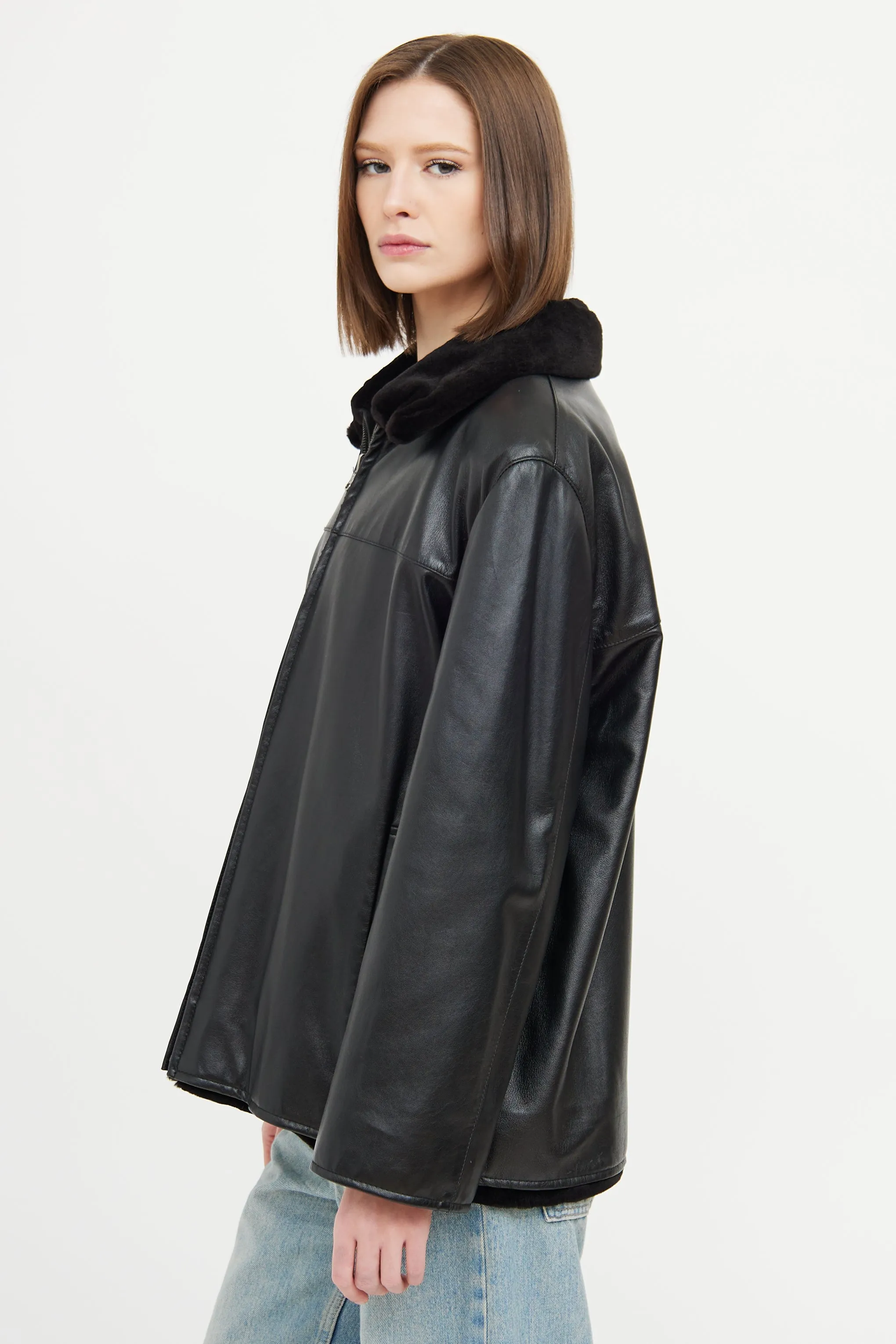 Black Mink Leather Reversable Zip Jacket