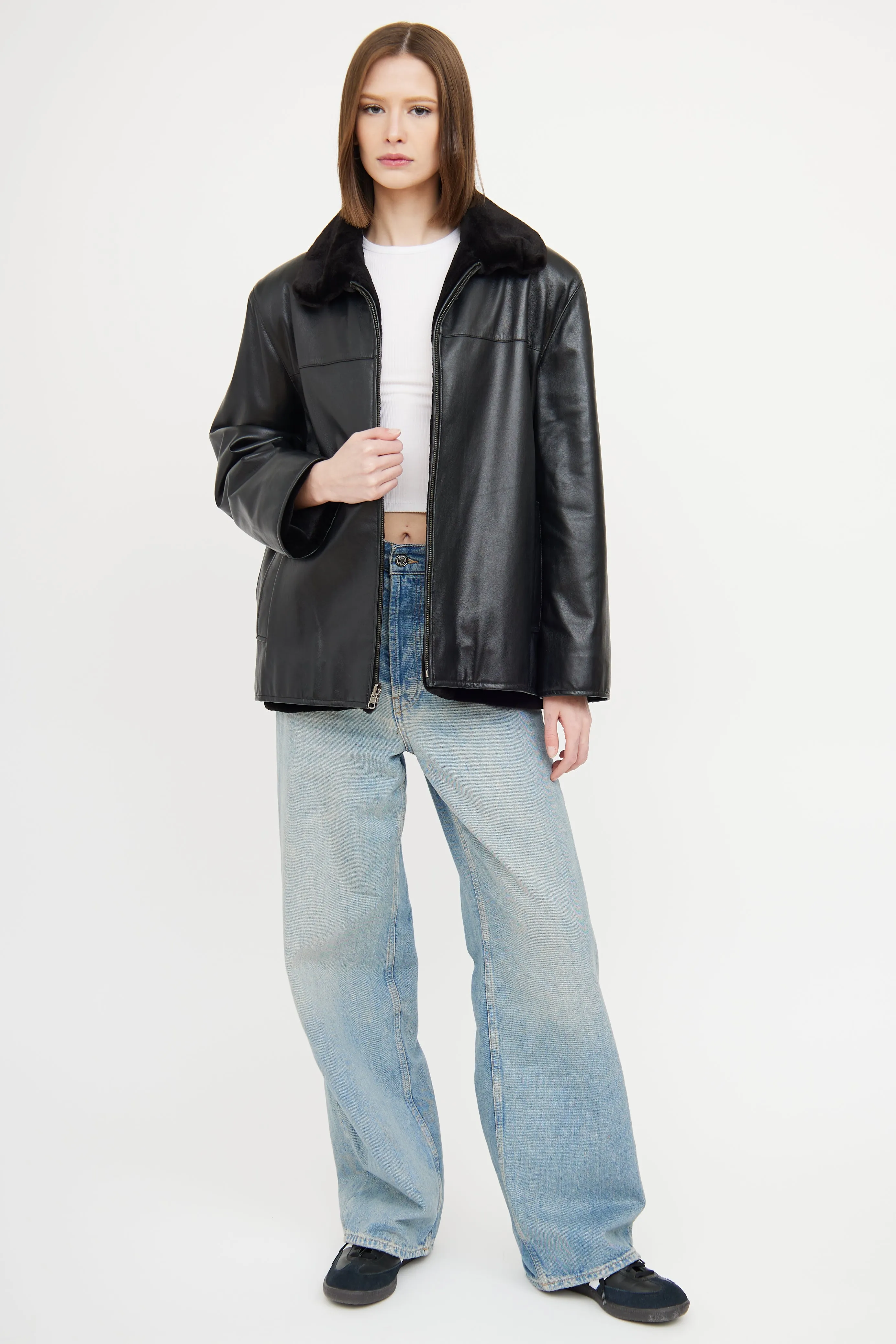 Black Mink Leather Reversable Zip Jacket