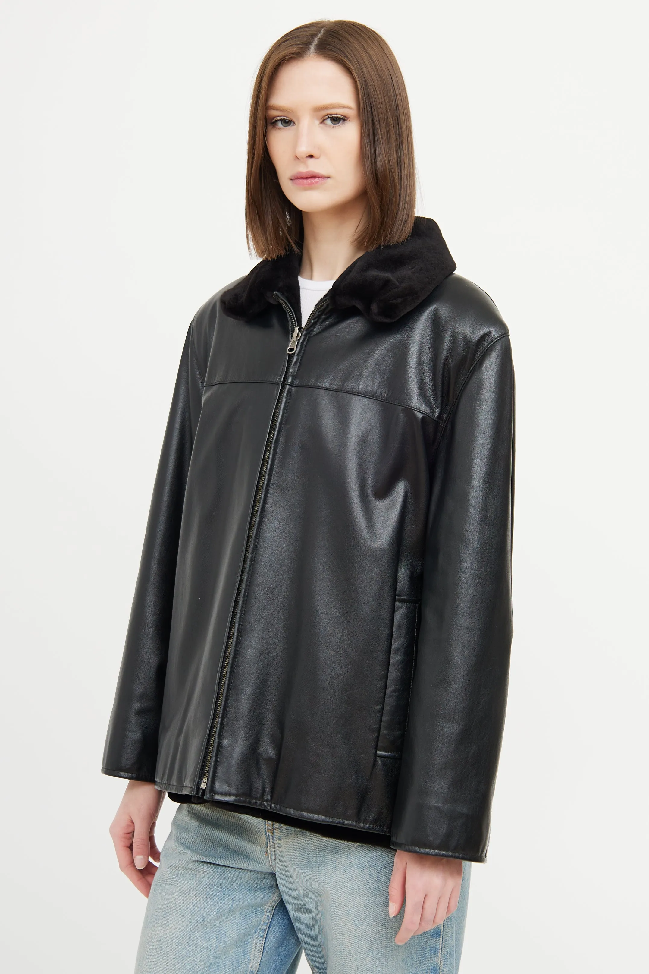 Black Mink Leather Reversable Zip Jacket
