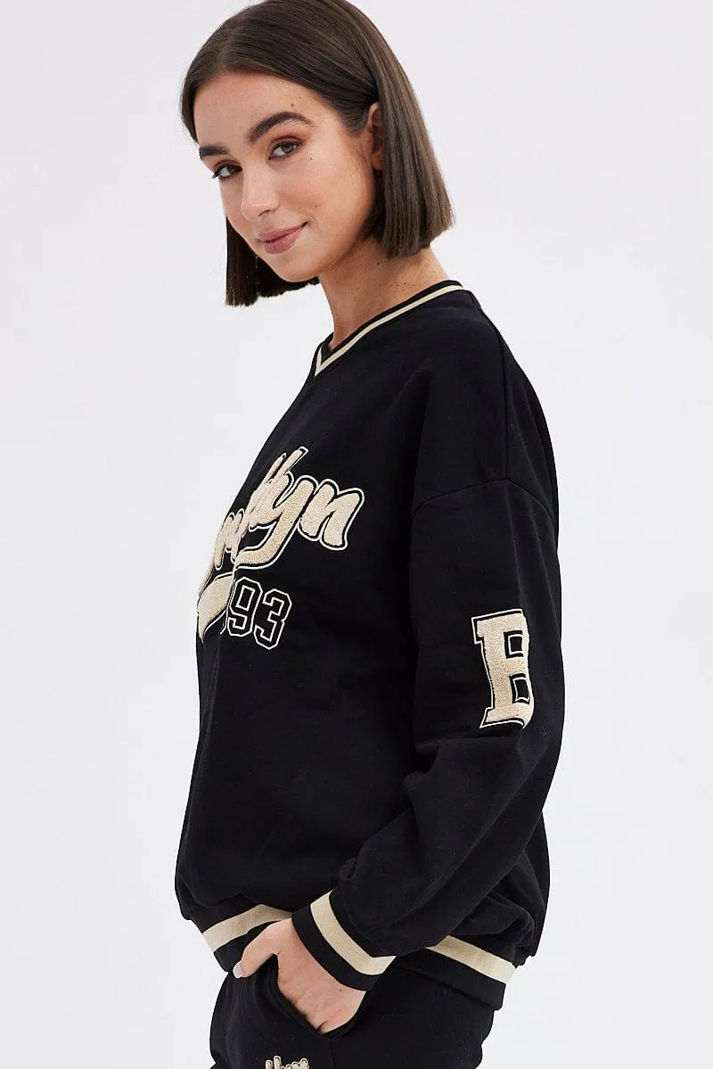 Black Sweater Long Sleeve Round Neck Brooklyn Embroidery