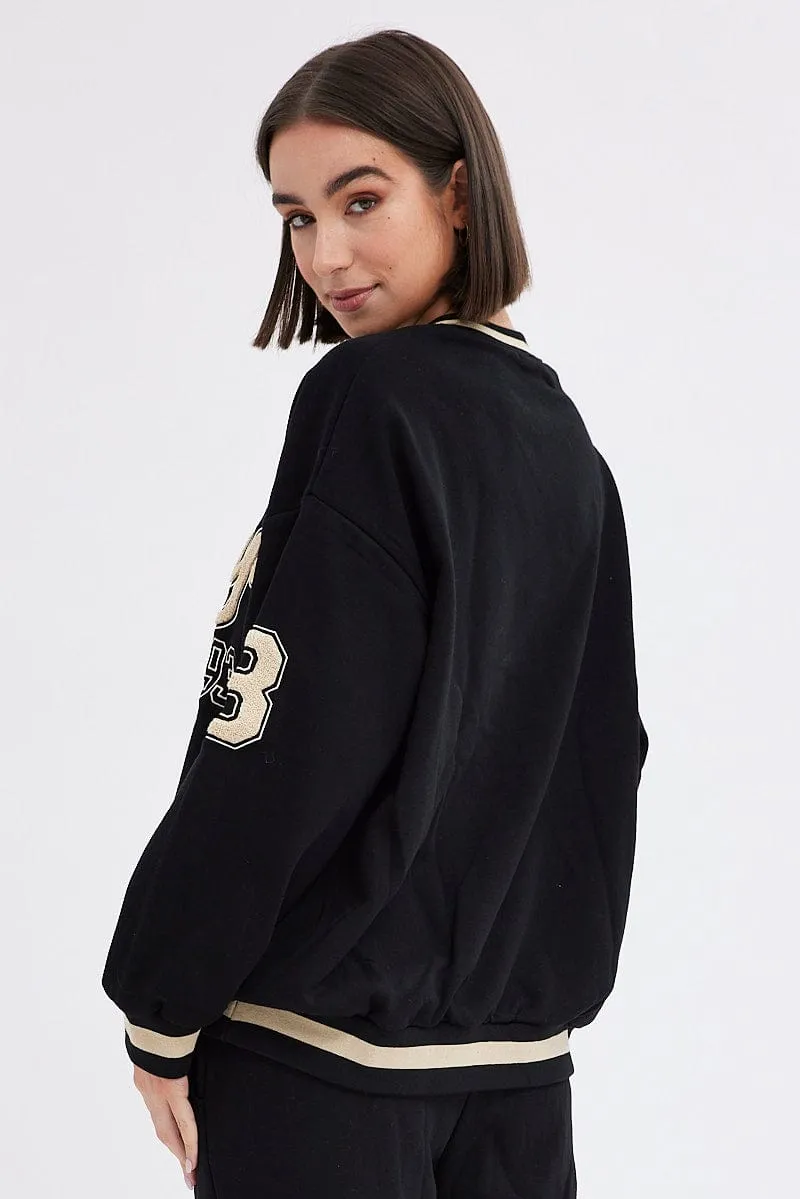 Black Sweater Long Sleeve Round Neck Brooklyn Embroidery