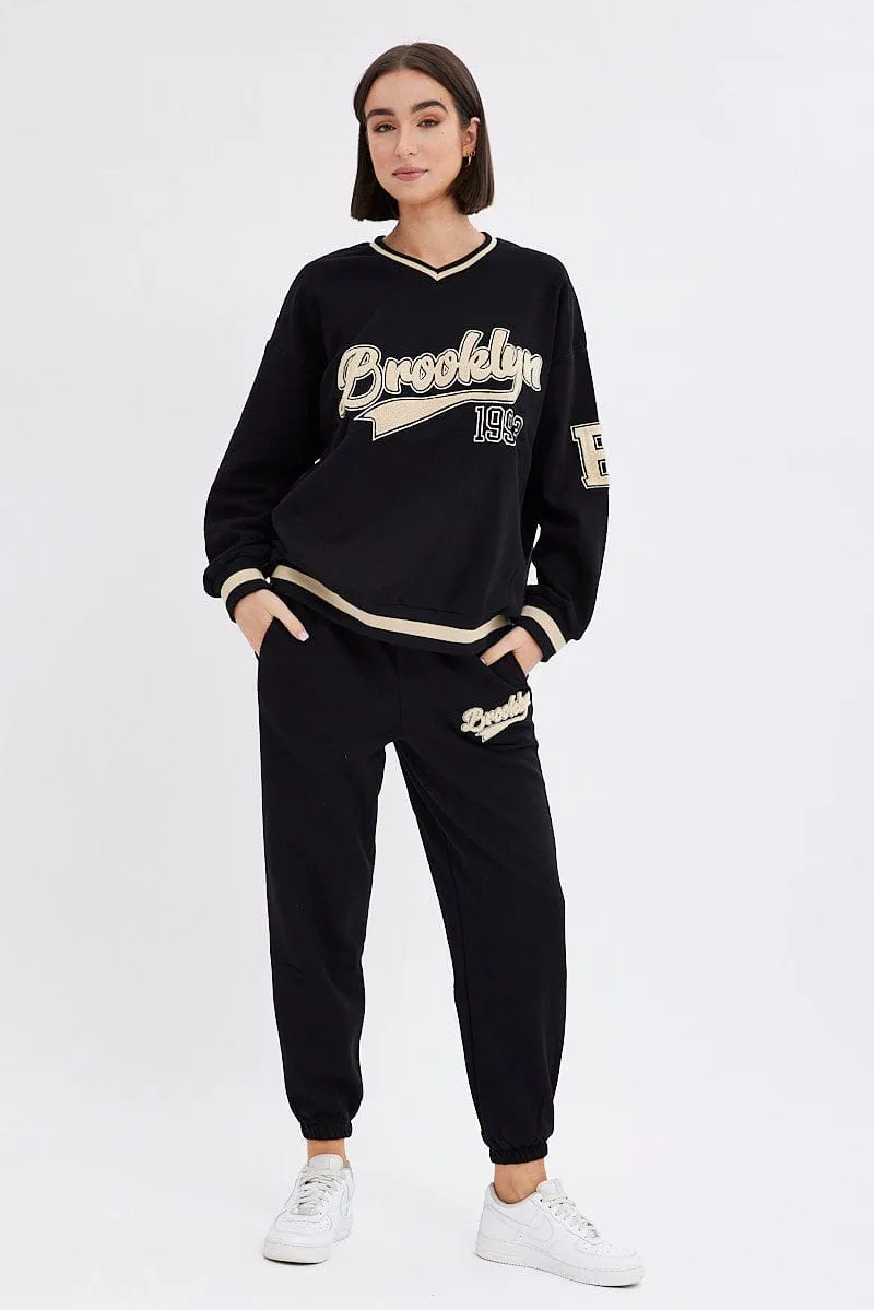 Black Sweater Long Sleeve Round Neck Brooklyn Embroidery