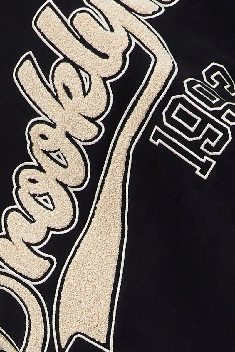 Black Sweater Long Sleeve Round Neck Brooklyn Embroidery