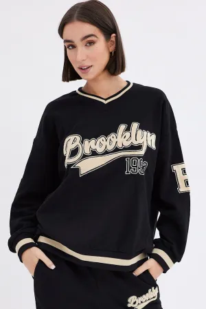Black Sweater Long Sleeve Round Neck Brooklyn Embroidery