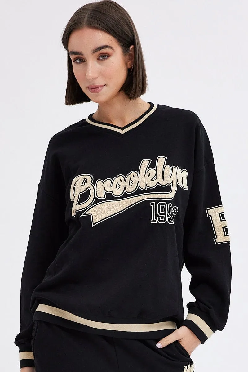 Black Sweater Long Sleeve Round Neck Brooklyn Embroidery