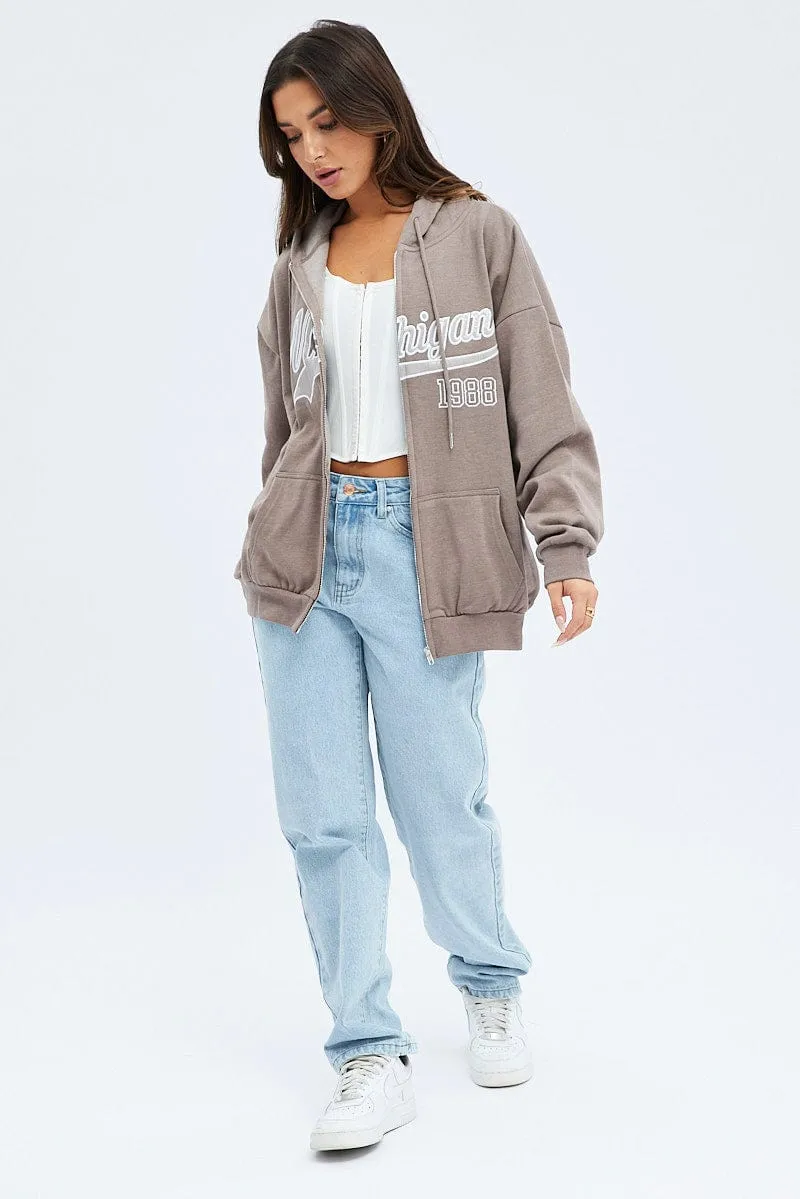Brown Zip Hoodie Long Sleeve Graphic