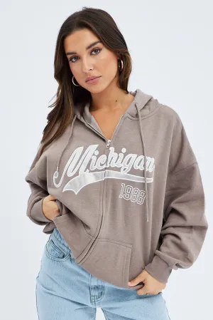 Brown Zip Hoodie Long Sleeve Graphic