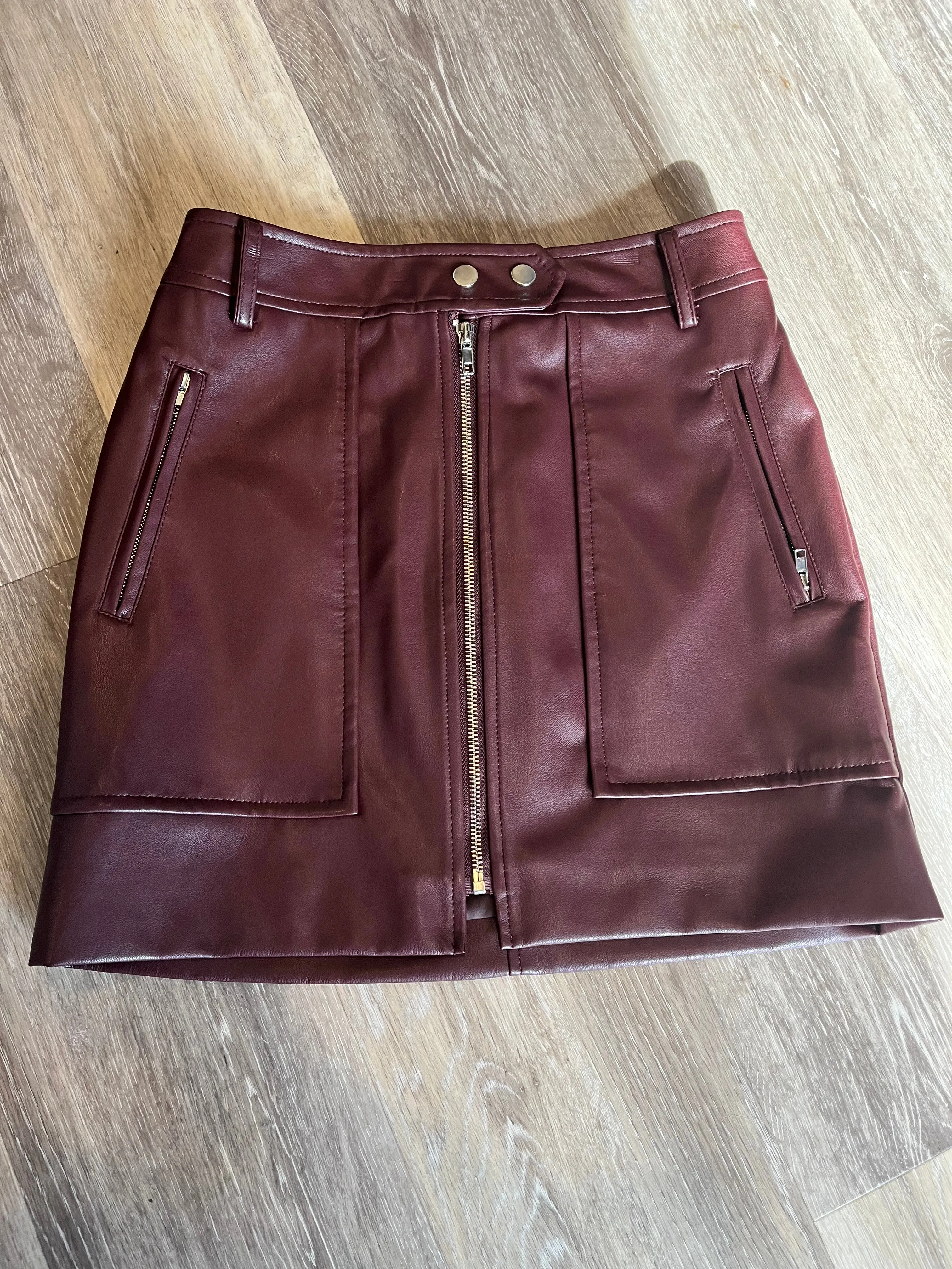 Burgundy Faux Leather Biker Mini Skirt
