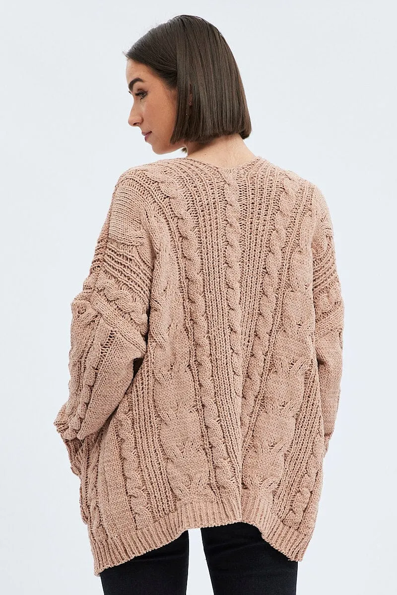 Camel Longline Cable Knit Cardigan