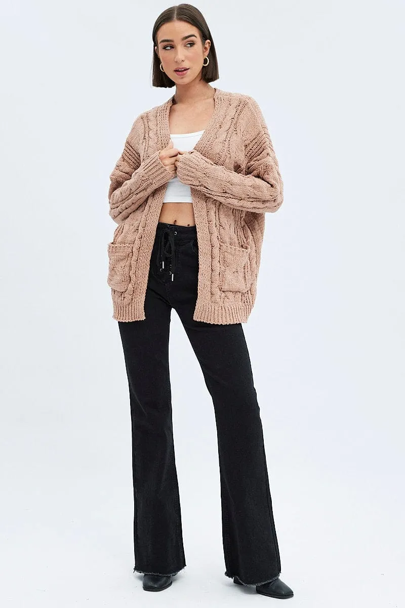 Camel Longline Cable Knit Cardigan