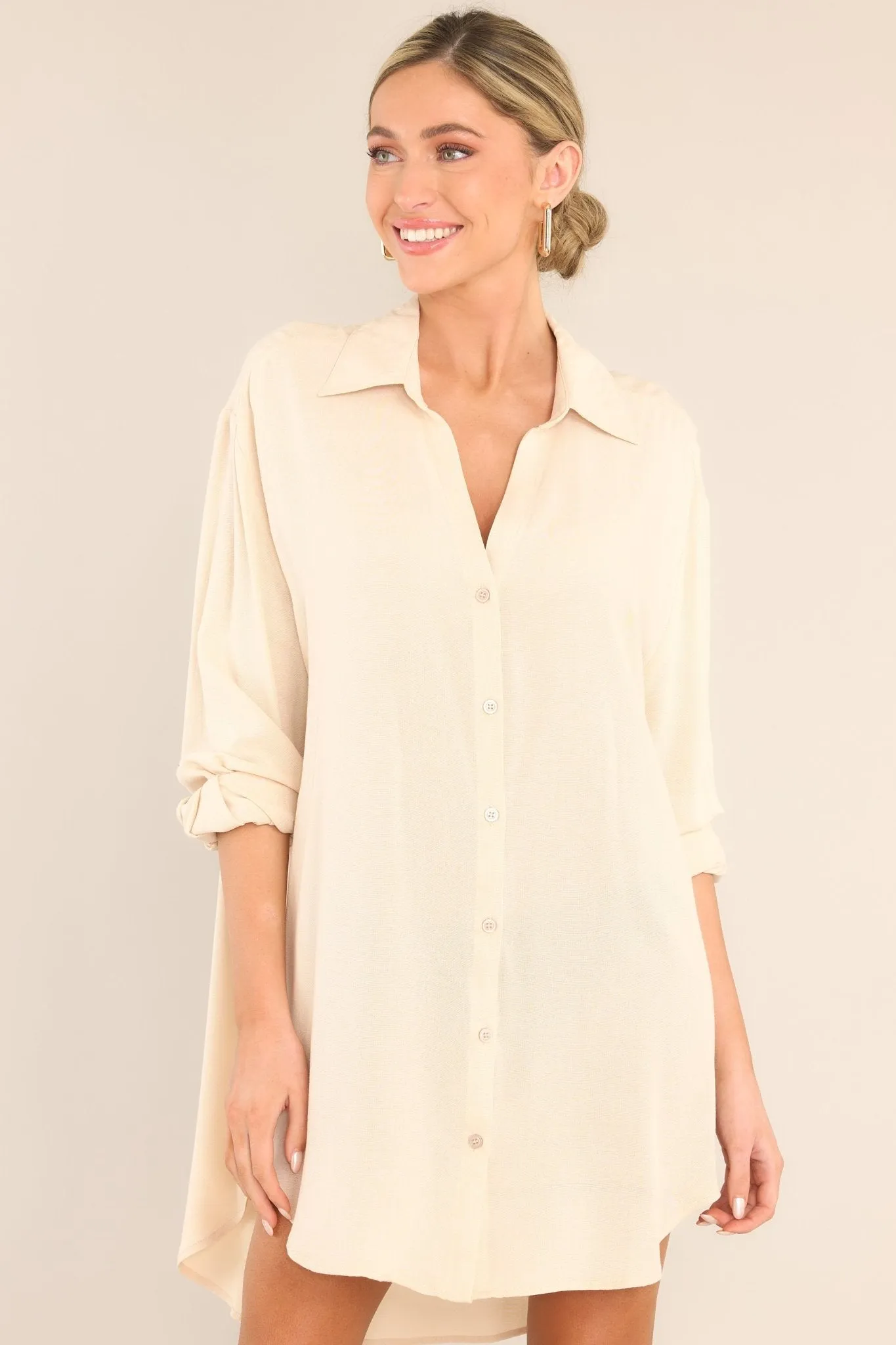 Chic Alternative Beige Button Front Shirt Dress