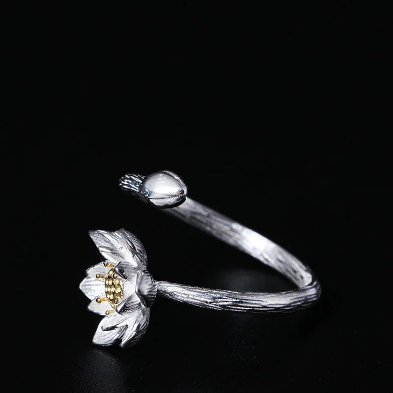 Creative S925 Silver Retro Fashion Flower Pointing Beautiful Lotus Open Ring National Classical Hand Accessories