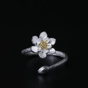 Creative S925 Silver Retro Fashion Flower Pointing Beautiful Lotus Open Ring National Classical Hand Accessories