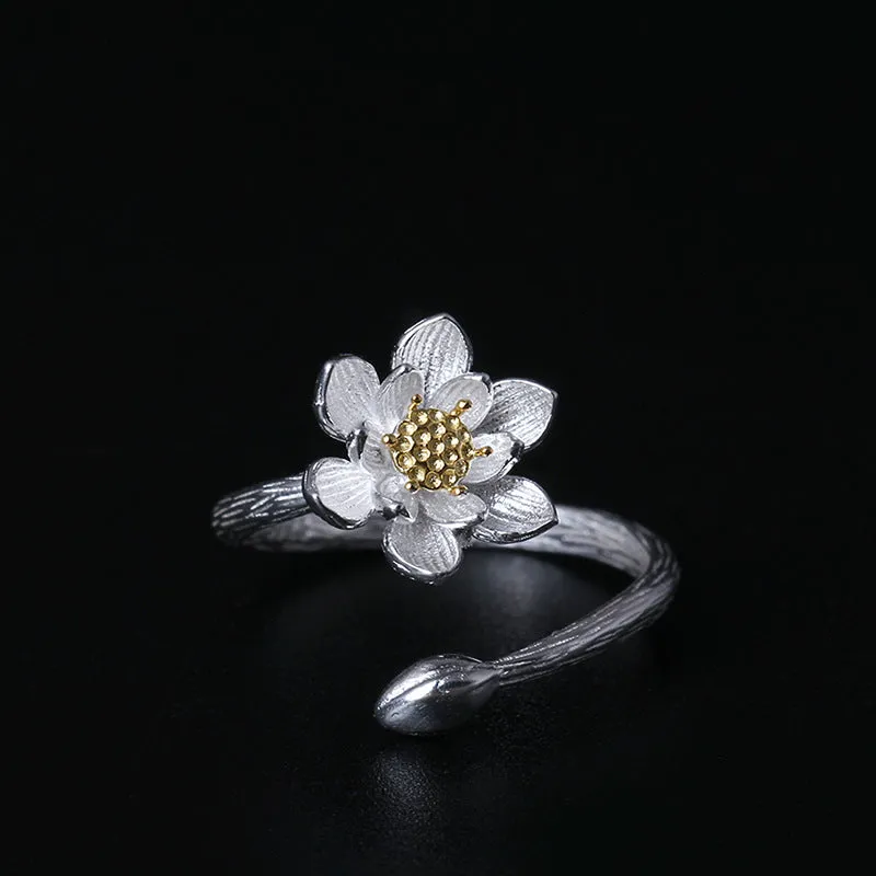 Creative S925 Silver Retro Fashion Flower Pointing Beautiful Lotus Open Ring National Classical Hand Accessories