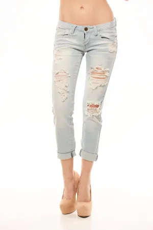 Distressed Ultra Low Rise Capri Jean - Light