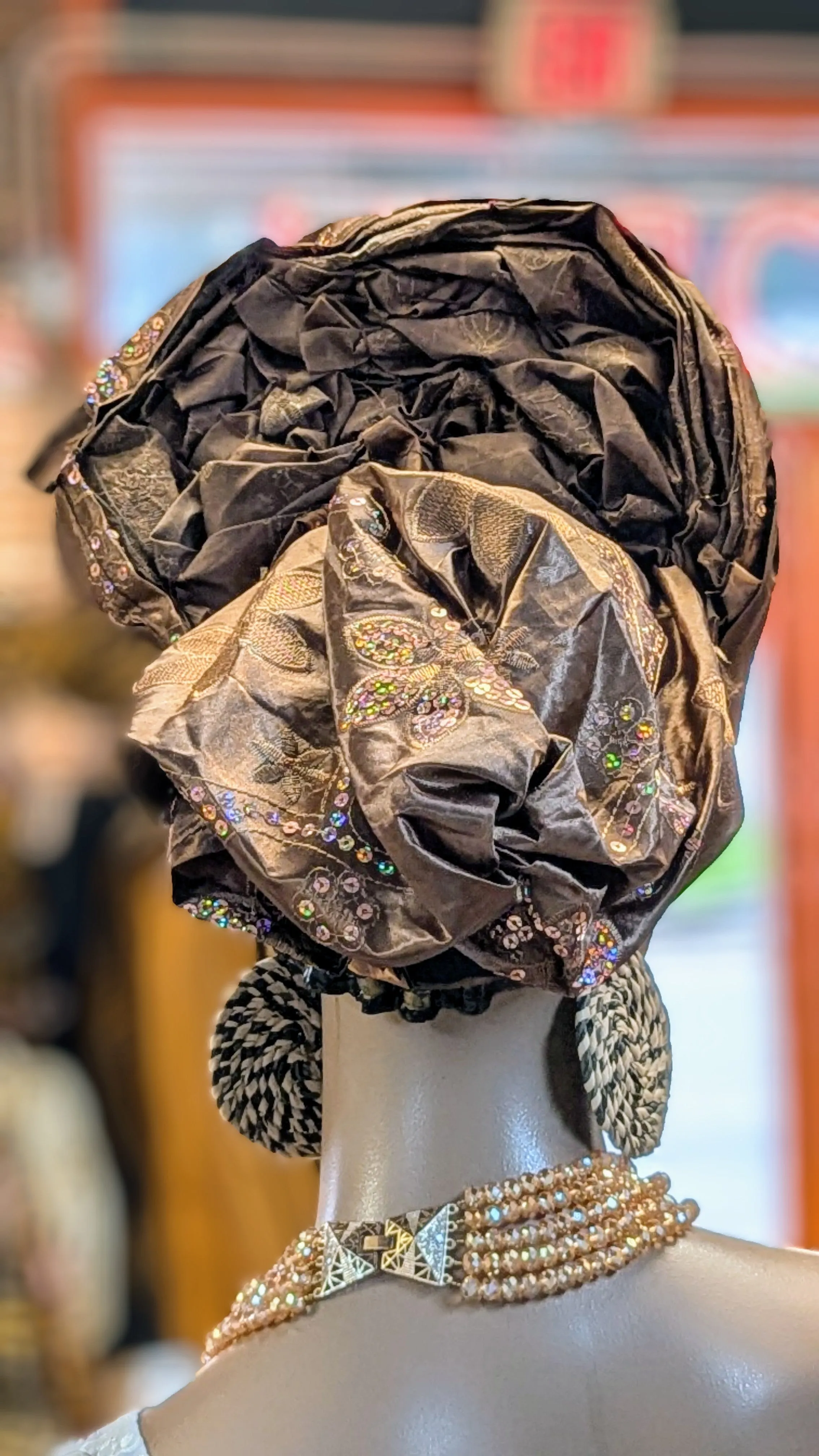 Dupsie's Iyomide Coffee-Brown Autogele Pre-tied Ready Gele Head wrap hat DPAGHCB22