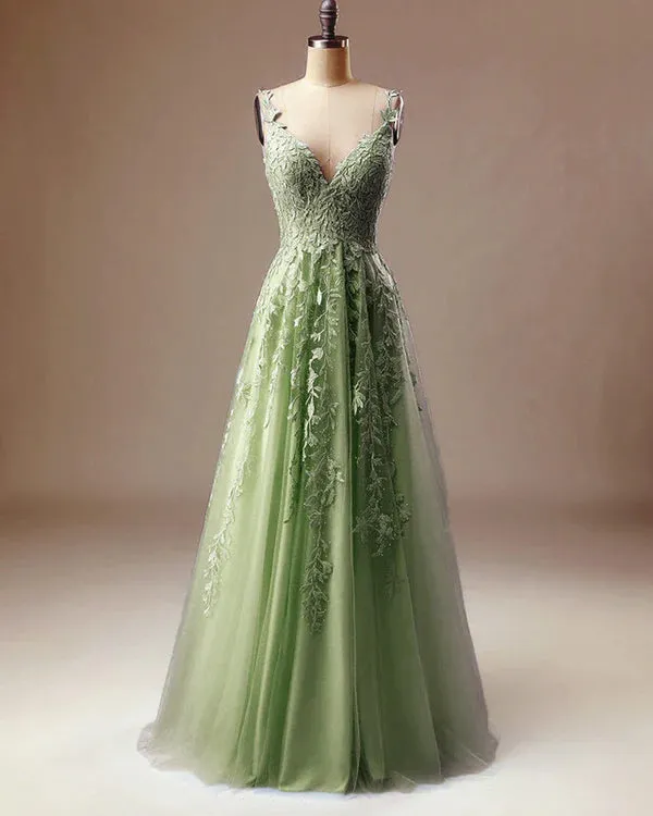 Elegant A-line Prom Dresses V Neck Lace Embroidery Sage Dress     fg3364