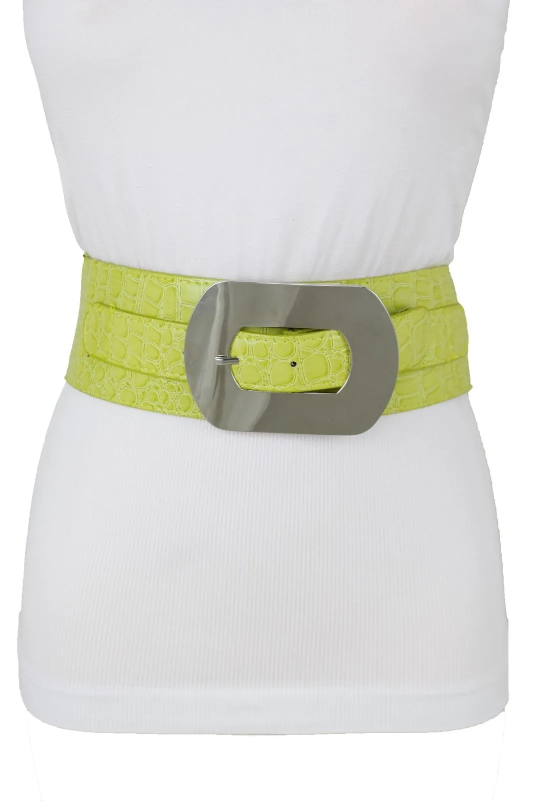 Fashion Women Bright Green Apple Stretch Belt Elastic Wide Silver Metal Oval Buckle Size M L