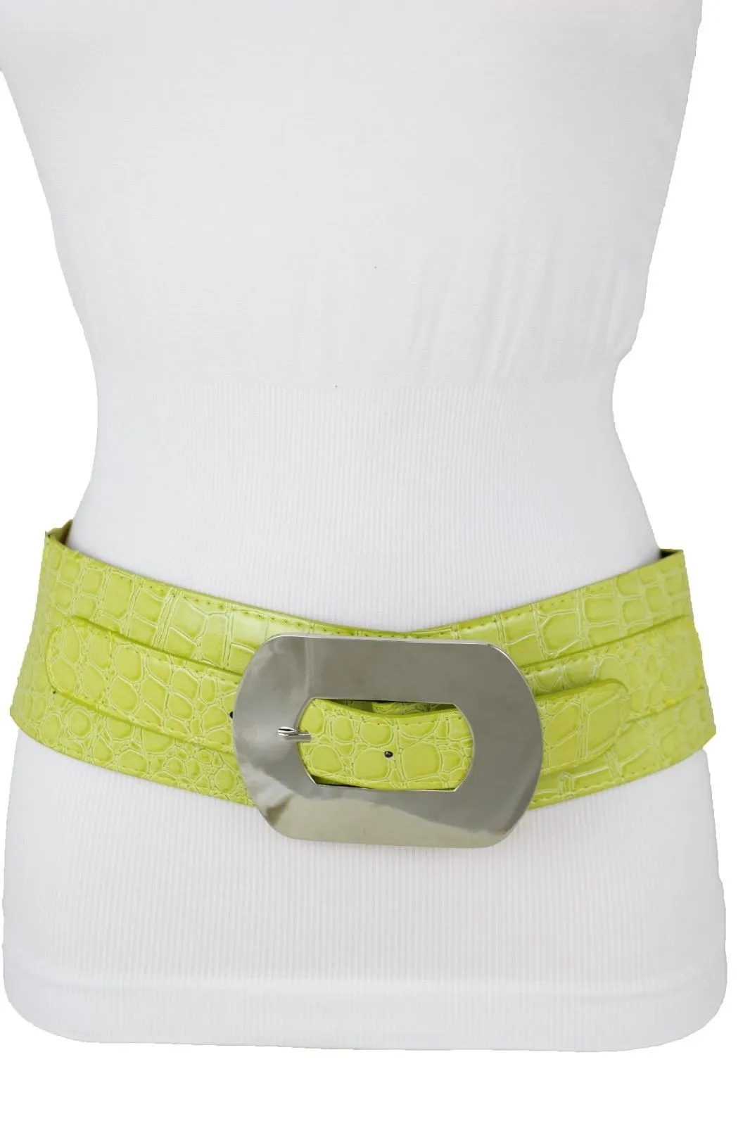 Fashion Women Bright Green Apple Stretch Belt Elastic Wide Silver Metal Oval Buckle Size M L