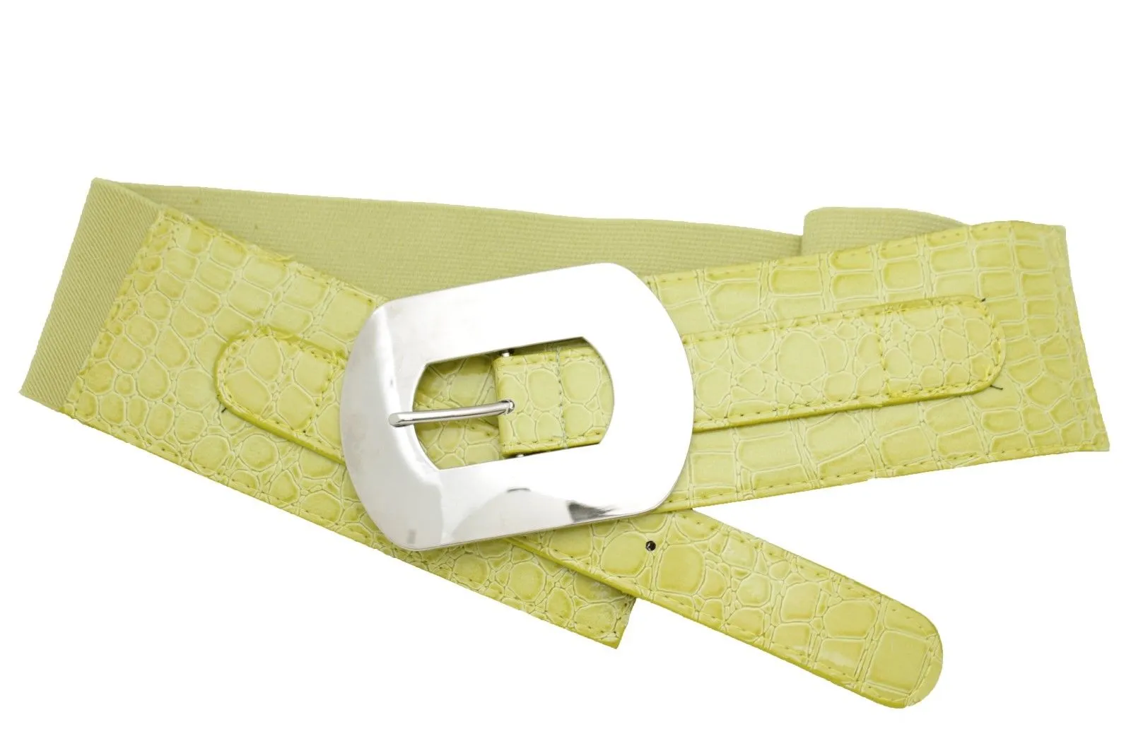 Fashion Women Bright Green Apple Stretch Belt Elastic Wide Silver Metal Oval Buckle Size M L