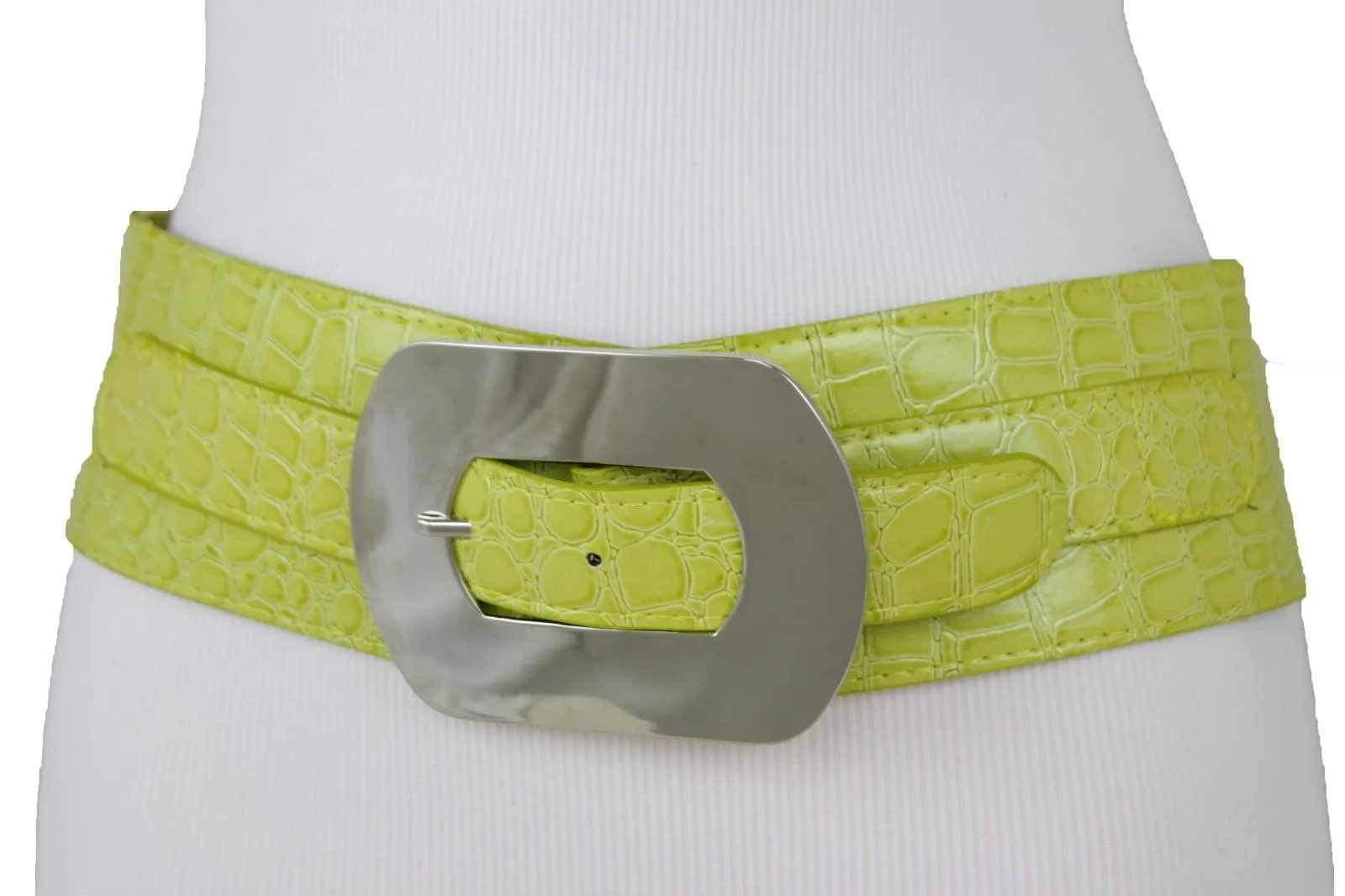Fashion Women Bright Green Apple Stretch Belt Elastic Wide Silver Metal Oval Buckle Size M L