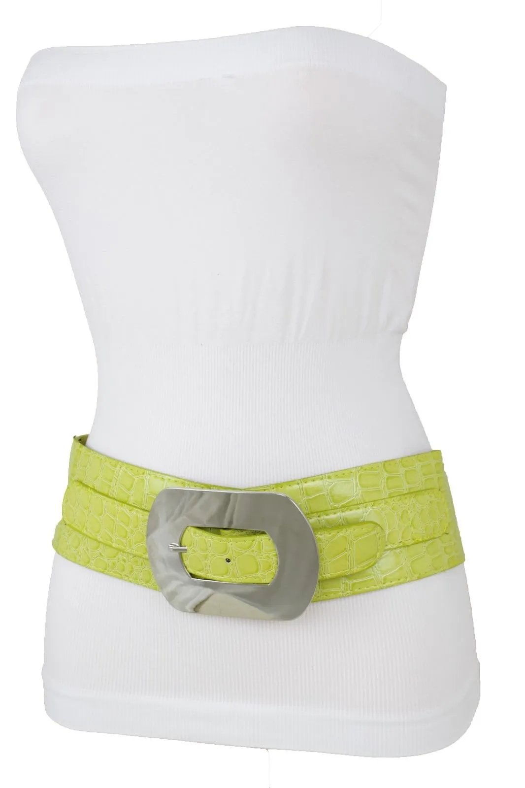 Fashion Women Bright Green Apple Stretch Belt Elastic Wide Silver Metal Oval Buckle Size M L