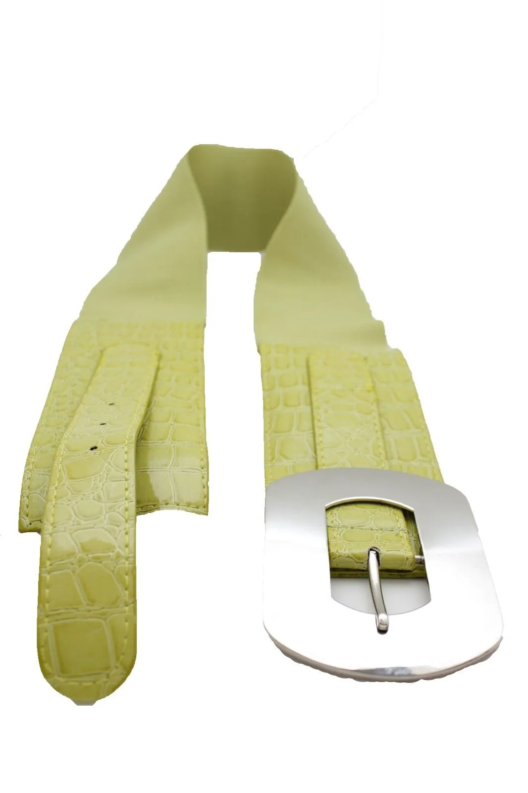 Fashion Women Bright Green Apple Stretch Belt Elastic Wide Silver Metal Oval Buckle Size M L