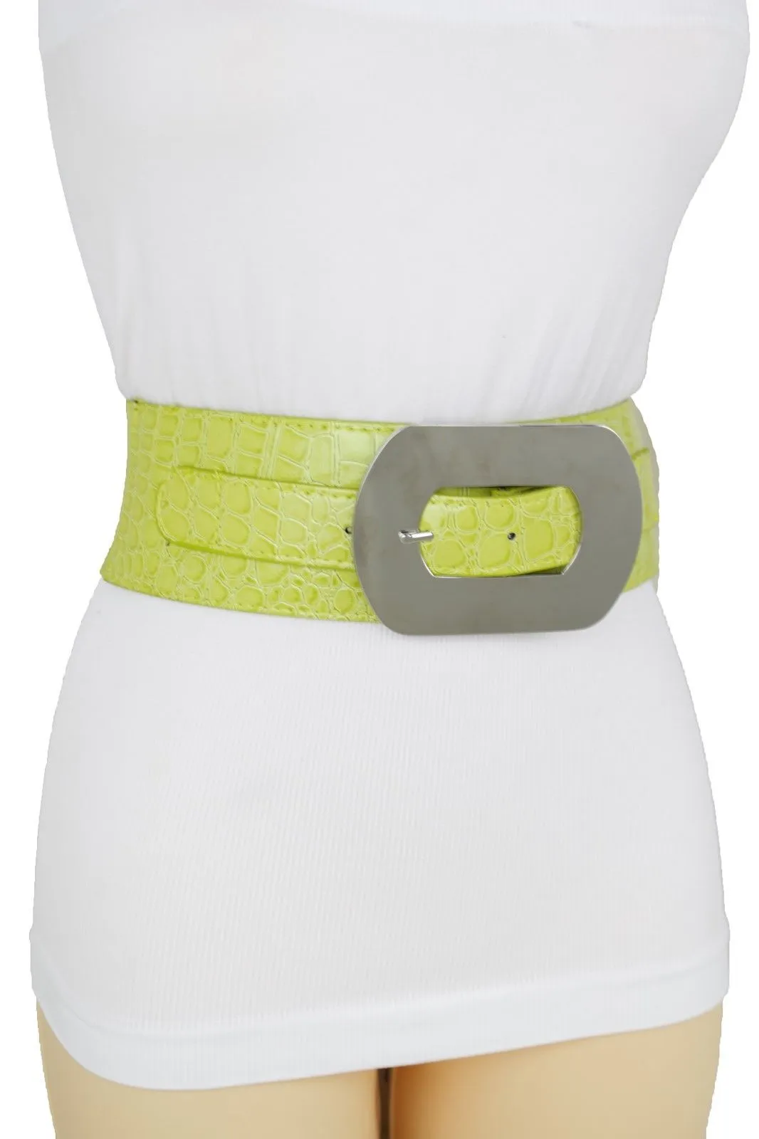Fashion Women Bright Green Apple Stretch Belt Elastic Wide Silver Metal Oval Buckle Size M L