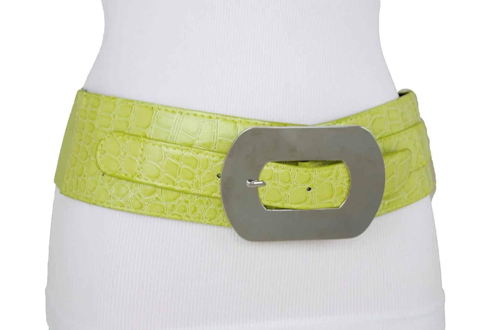 Fashion Women Bright Green Apple Stretch Belt Elastic Wide Silver Metal Oval Buckle Size M L