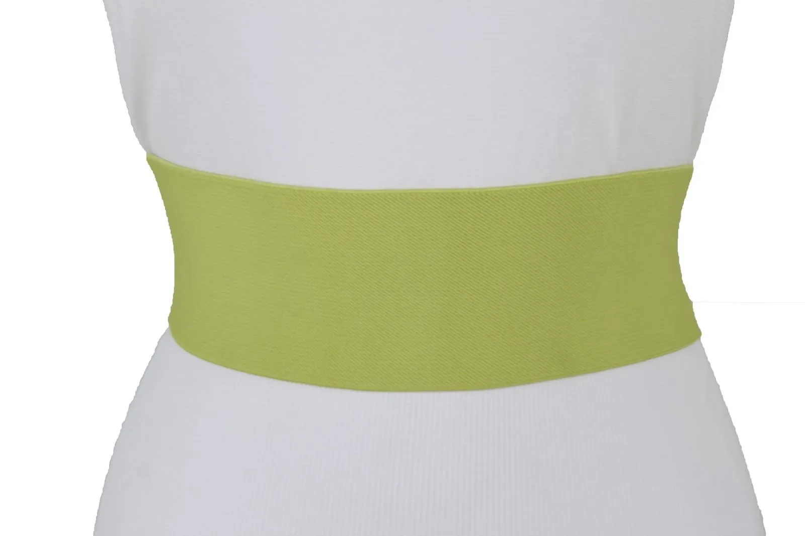 Fashion Women Bright Green Apple Stretch Belt Elastic Wide Silver Metal Oval Buckle Size M L