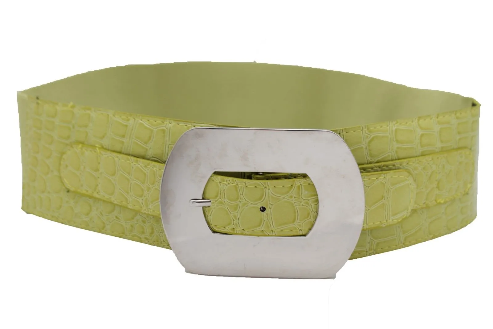 Fashion Women Bright Green Apple Stretch Belt Elastic Wide Silver Metal Oval Buckle Size M L