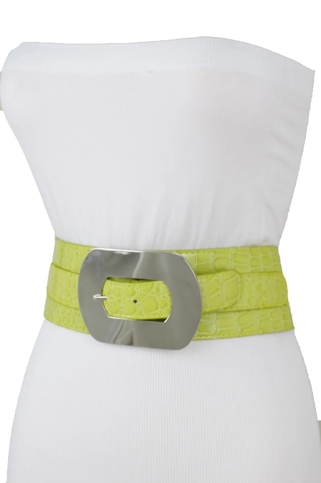 Fashion Women Bright Green Apple Stretch Belt Elastic Wide Silver Metal Oval Buckle Size M L