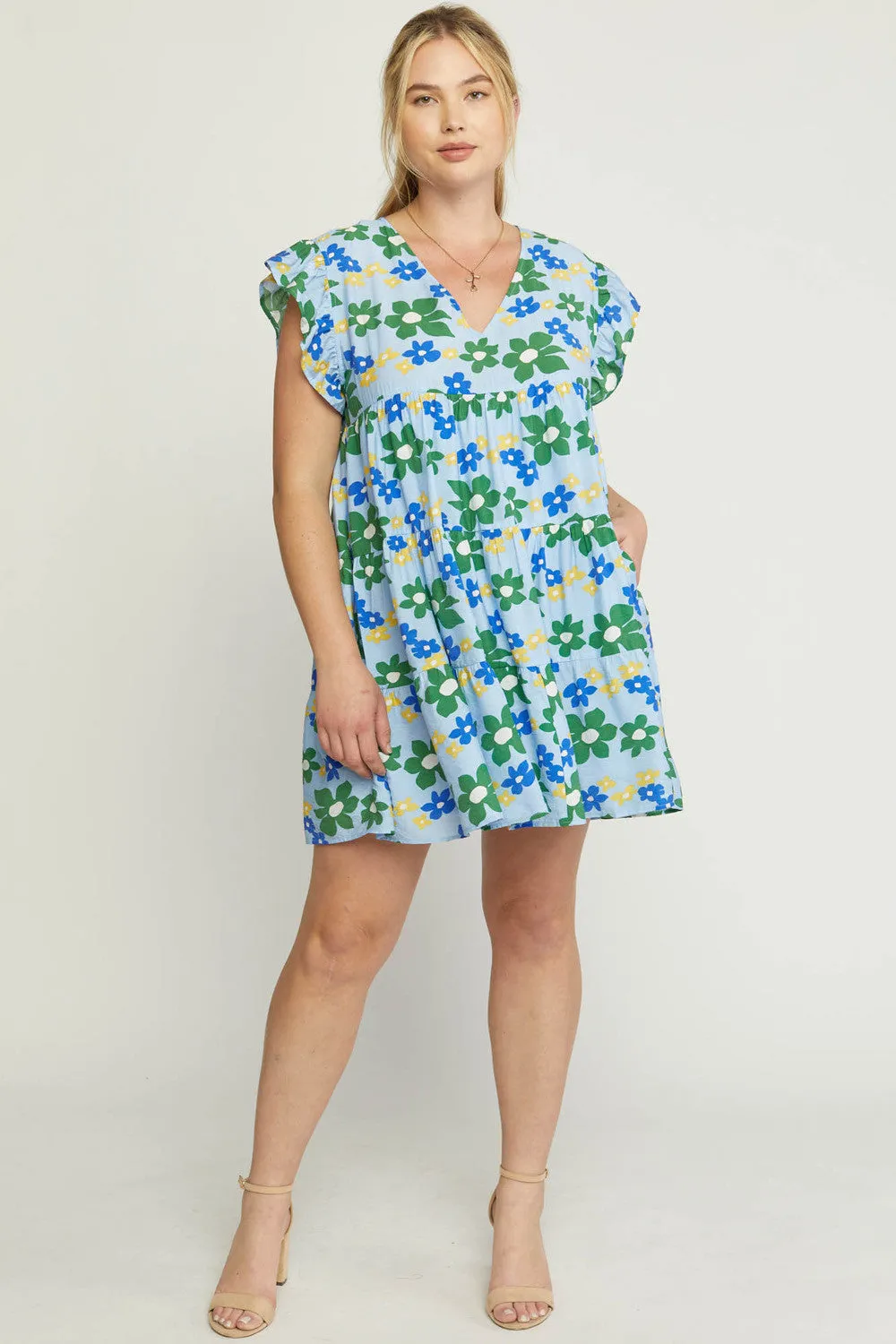Floral Tiered Babydoll Dress, Blue