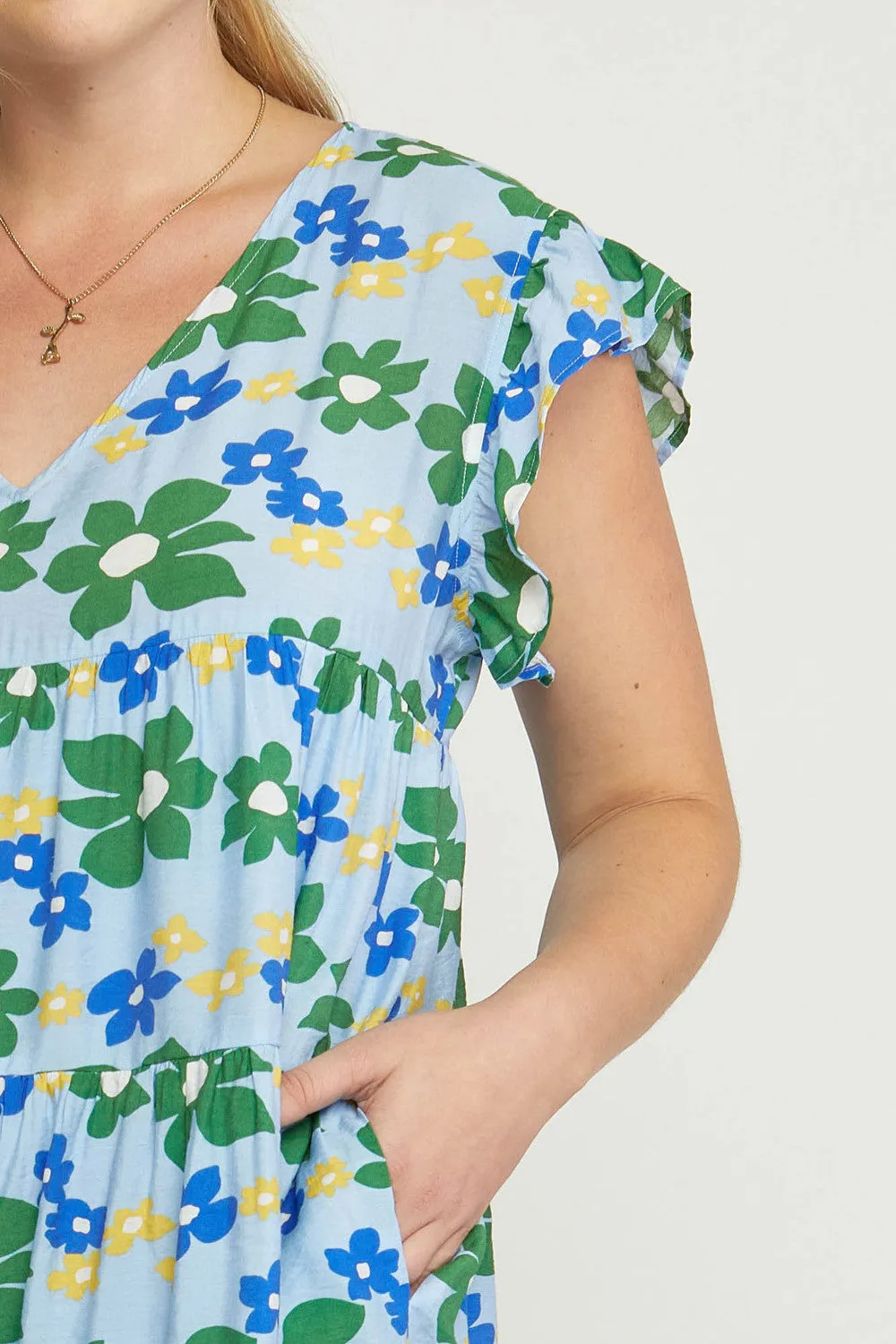 Floral Tiered Babydoll Dress, Blue