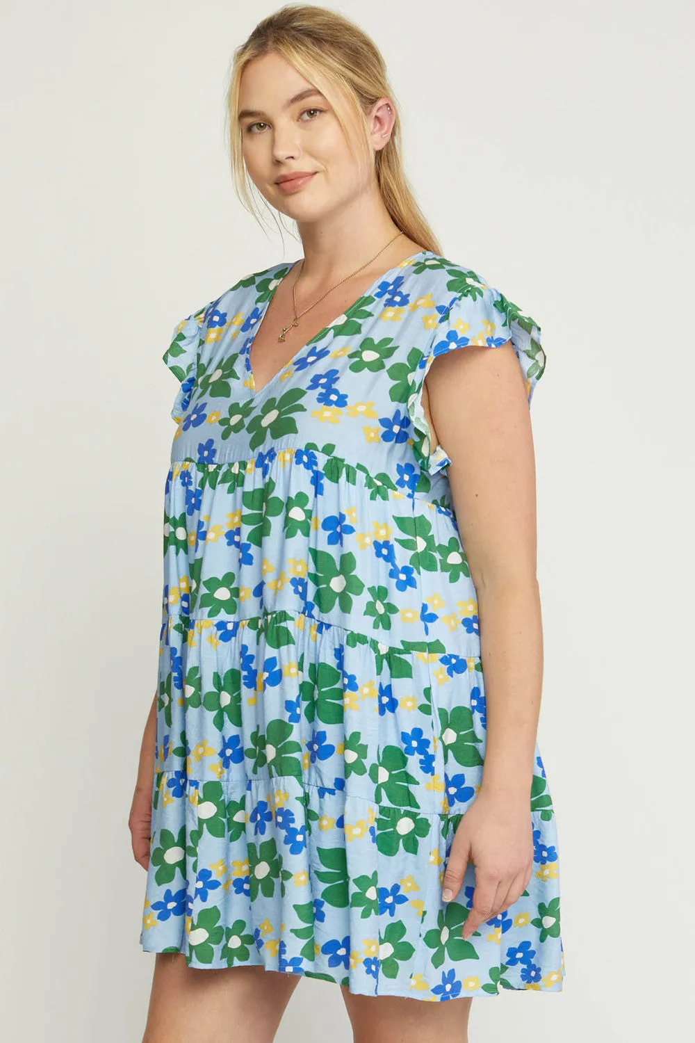 Floral Tiered Babydoll Dress, Blue