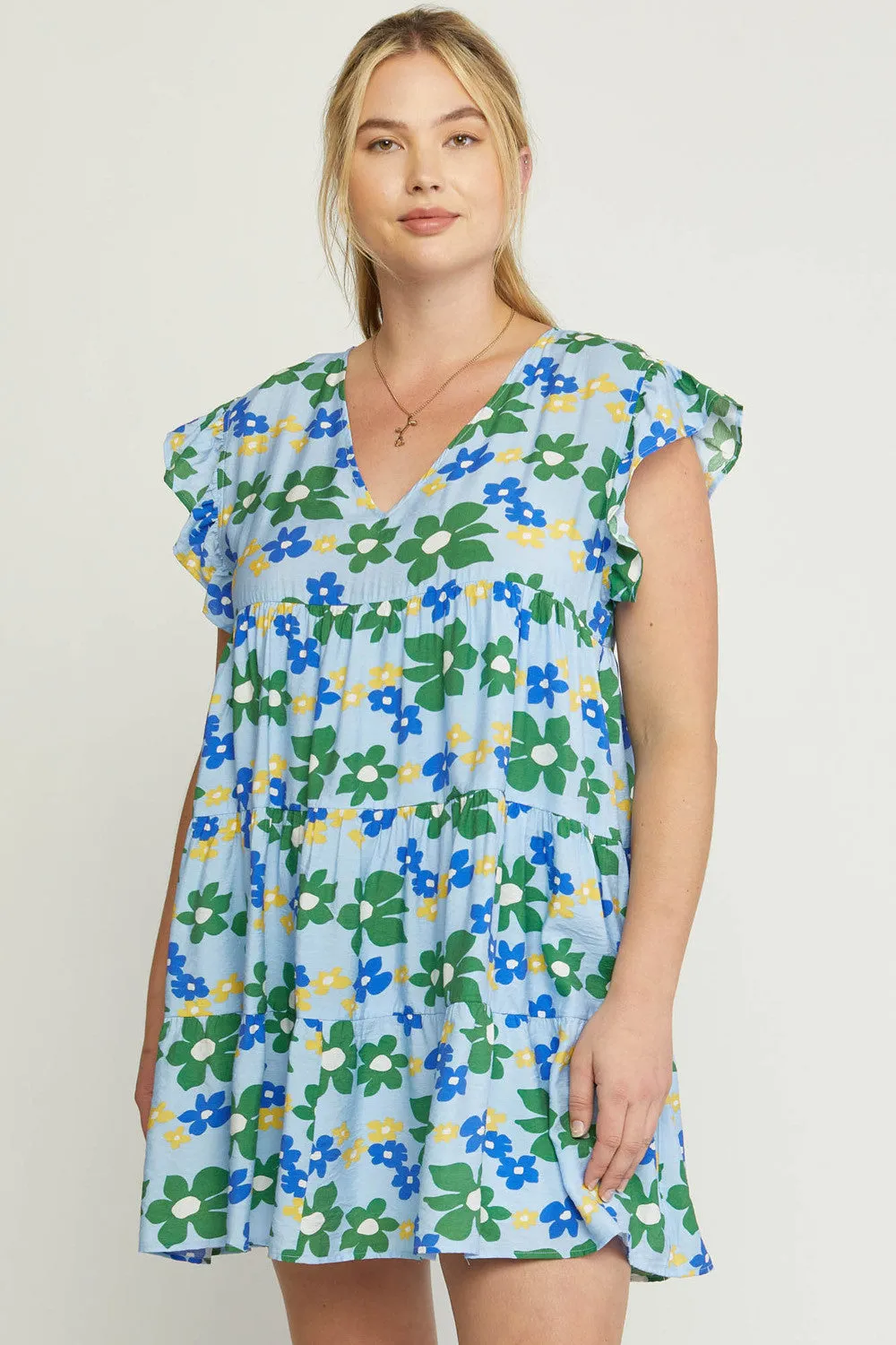 Floral Tiered Babydoll Dress, Blue