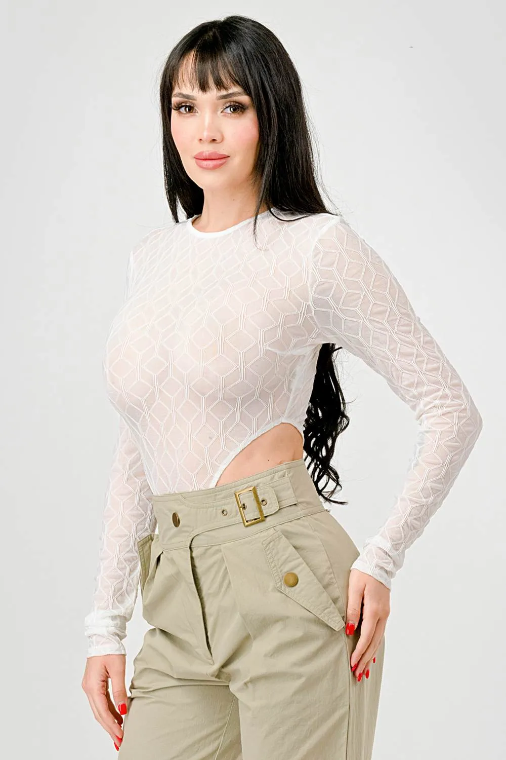 GEO PATTERN LACE SEE-THRU LONG SLEEVES BODYSUIT