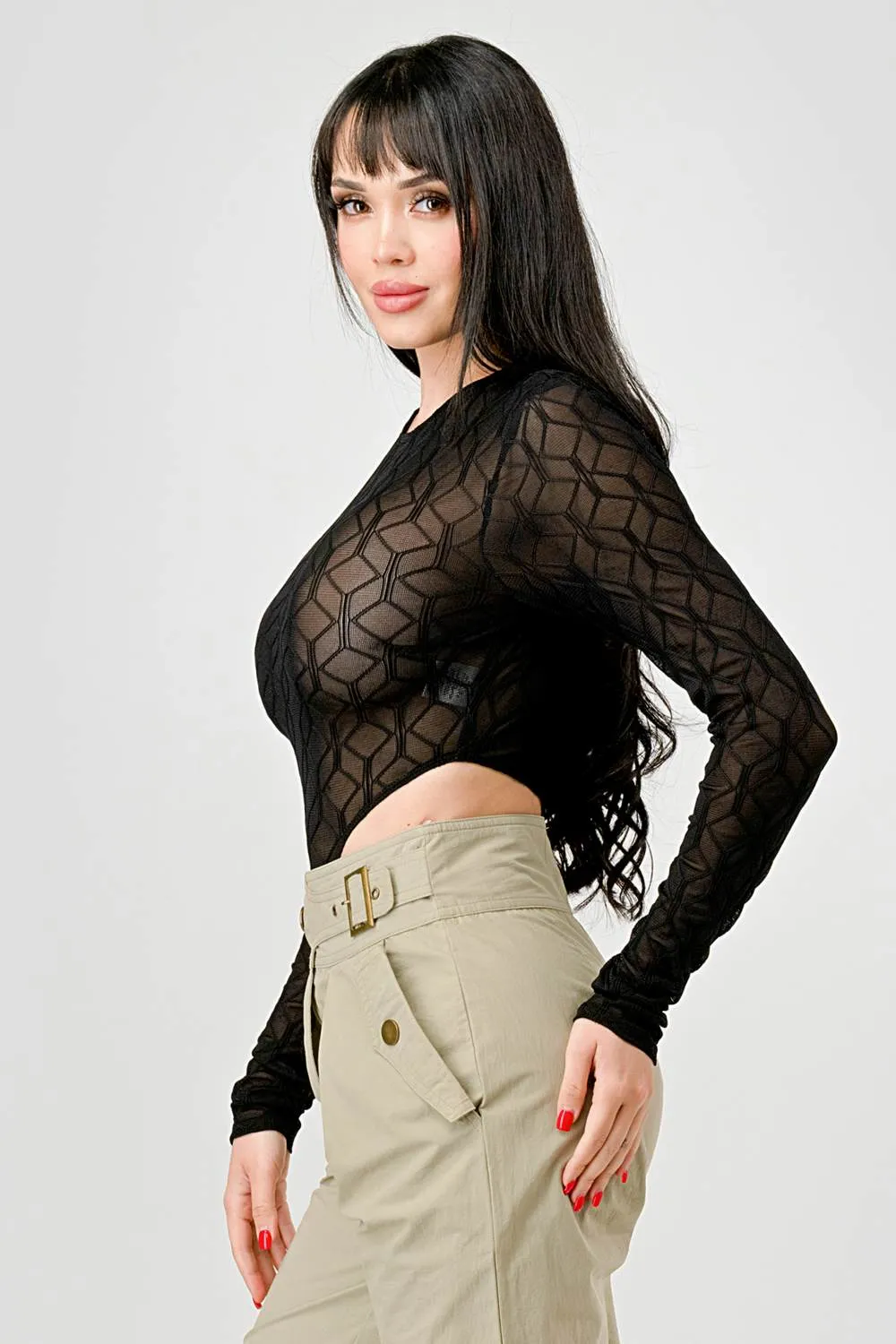 GEO PATTERN LACE SEE-THRU LONG SLEEVES BODYSUIT