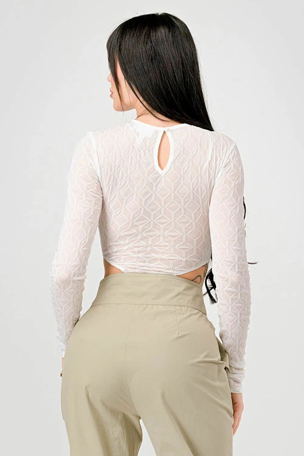 GEO PATTERN LACE SEE-THRU LONG SLEEVES BODYSUIT