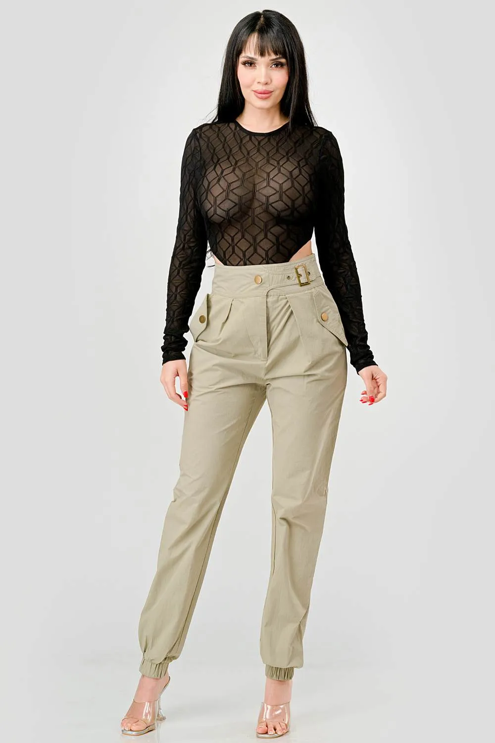 GEO PATTERN LACE SEE-THRU LONG SLEEVES BODYSUIT