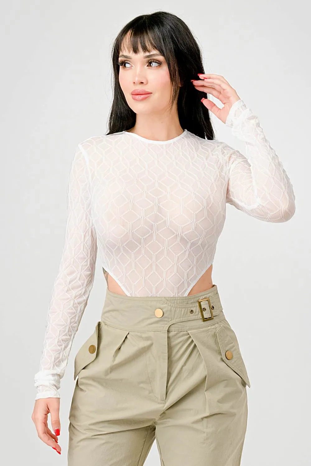 GEO PATTERN LACE SEE-THRU LONG SLEEVES BODYSUIT