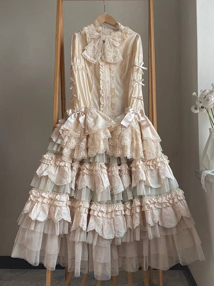 Green Bunny Layered Embroidered Scallop Trim Hem Lolita Skirt