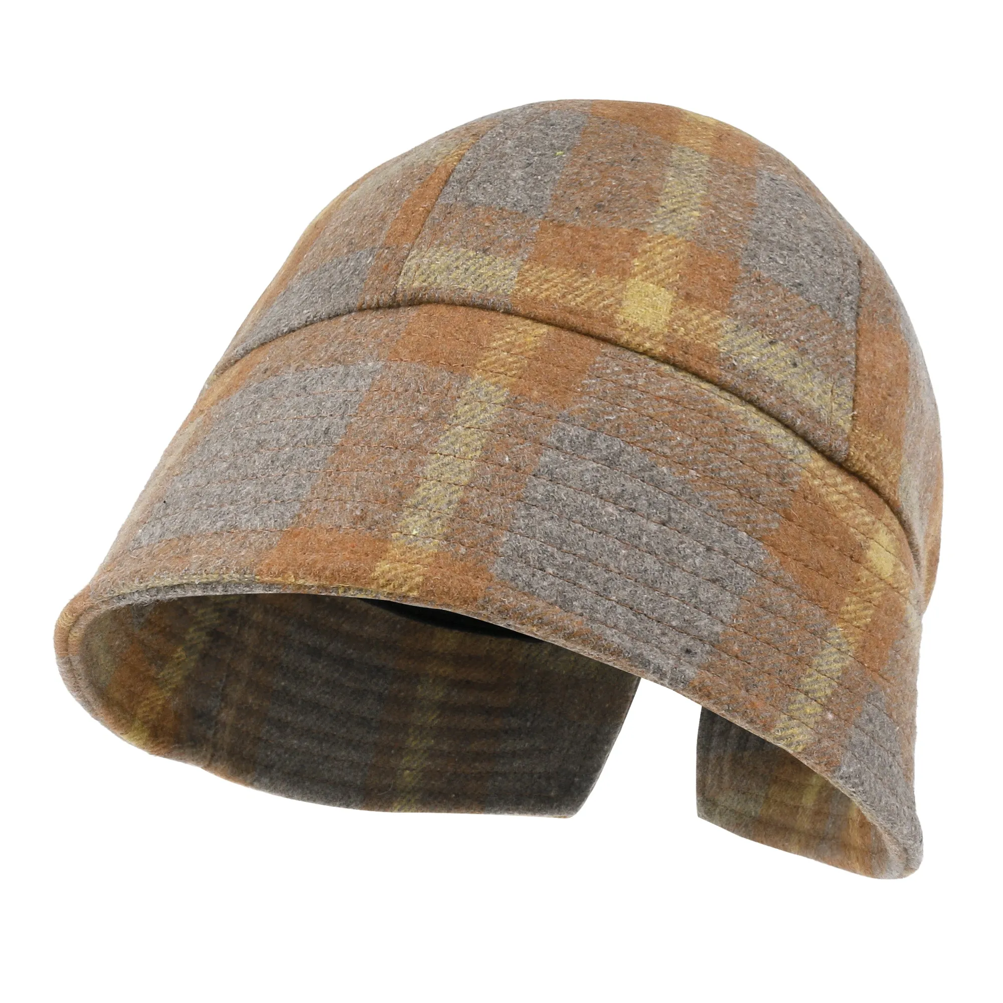 ililily Checkered Round Top Fedora Warm Winter Wool-like Bucket Hat