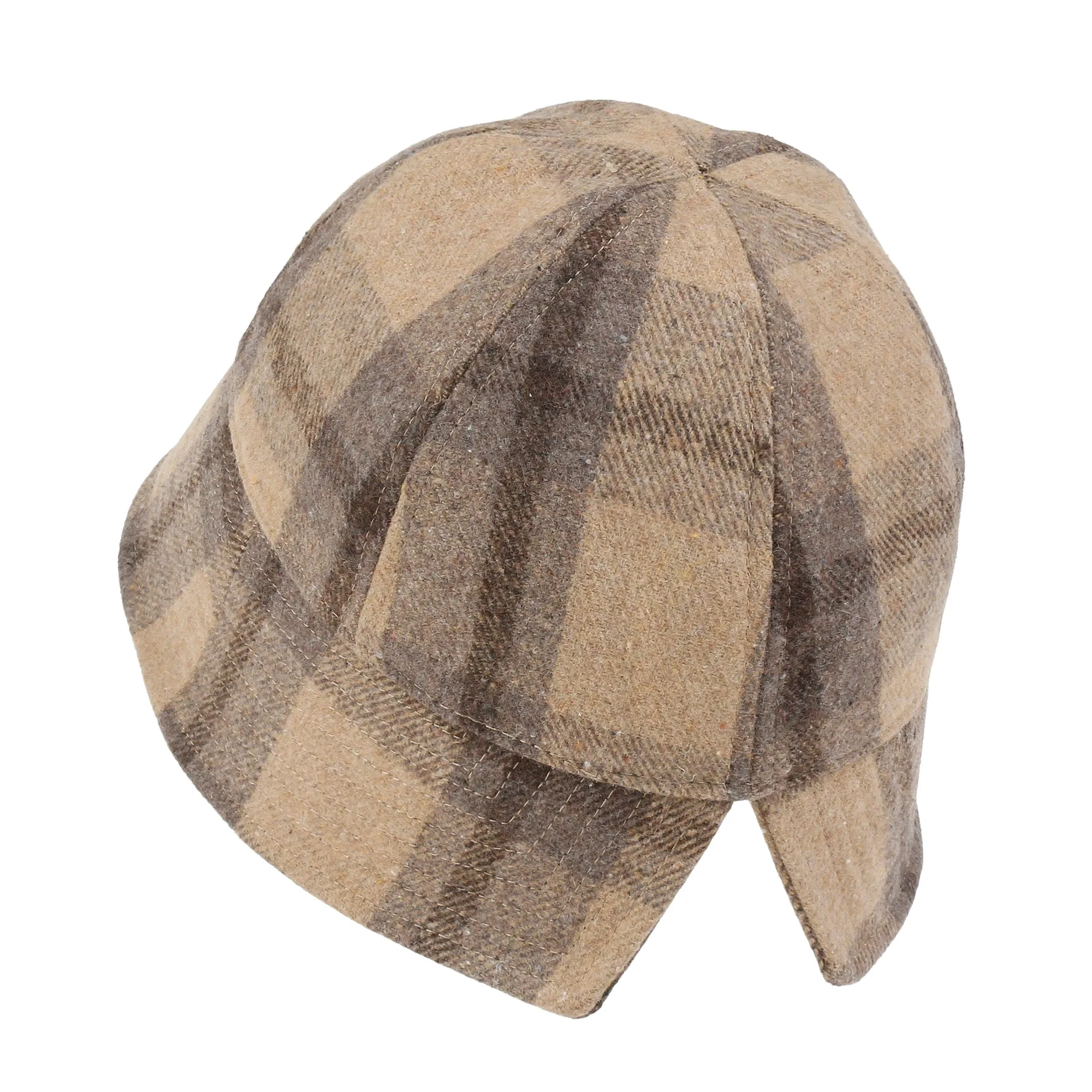 ililily Checkered Round Top Fedora Warm Winter Wool-like Bucket Hat
