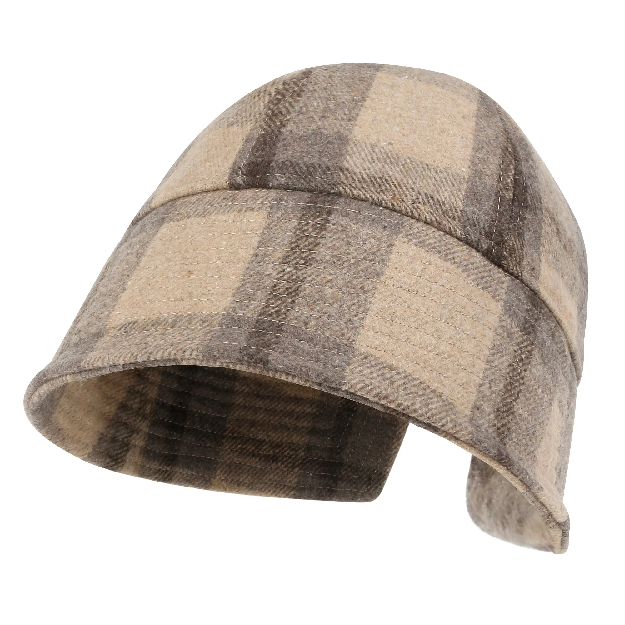 ililily Checkered Round Top Fedora Warm Winter Wool-like Bucket Hat