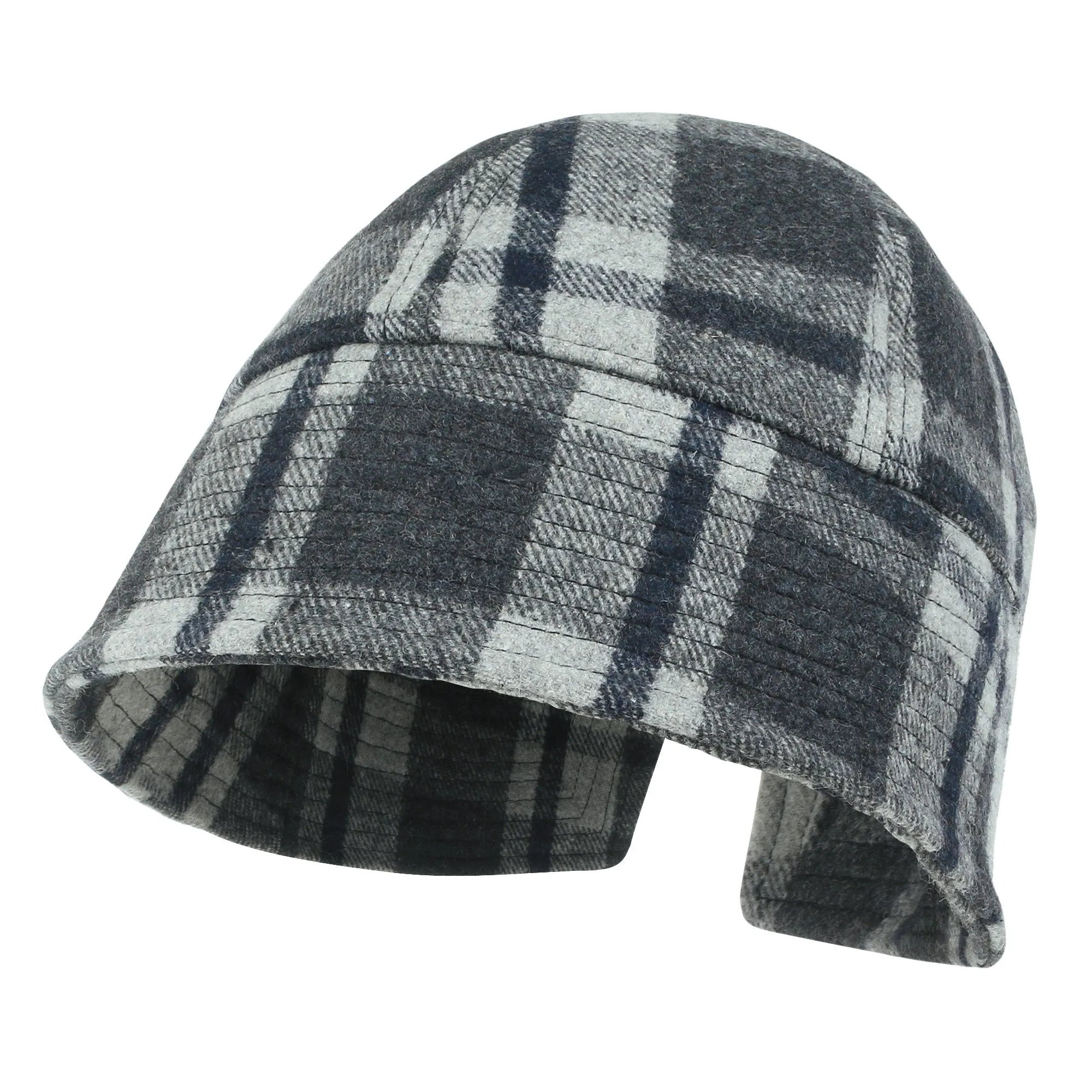 ililily Checkered Round Top Fedora Warm Winter Wool-like Bucket Hat