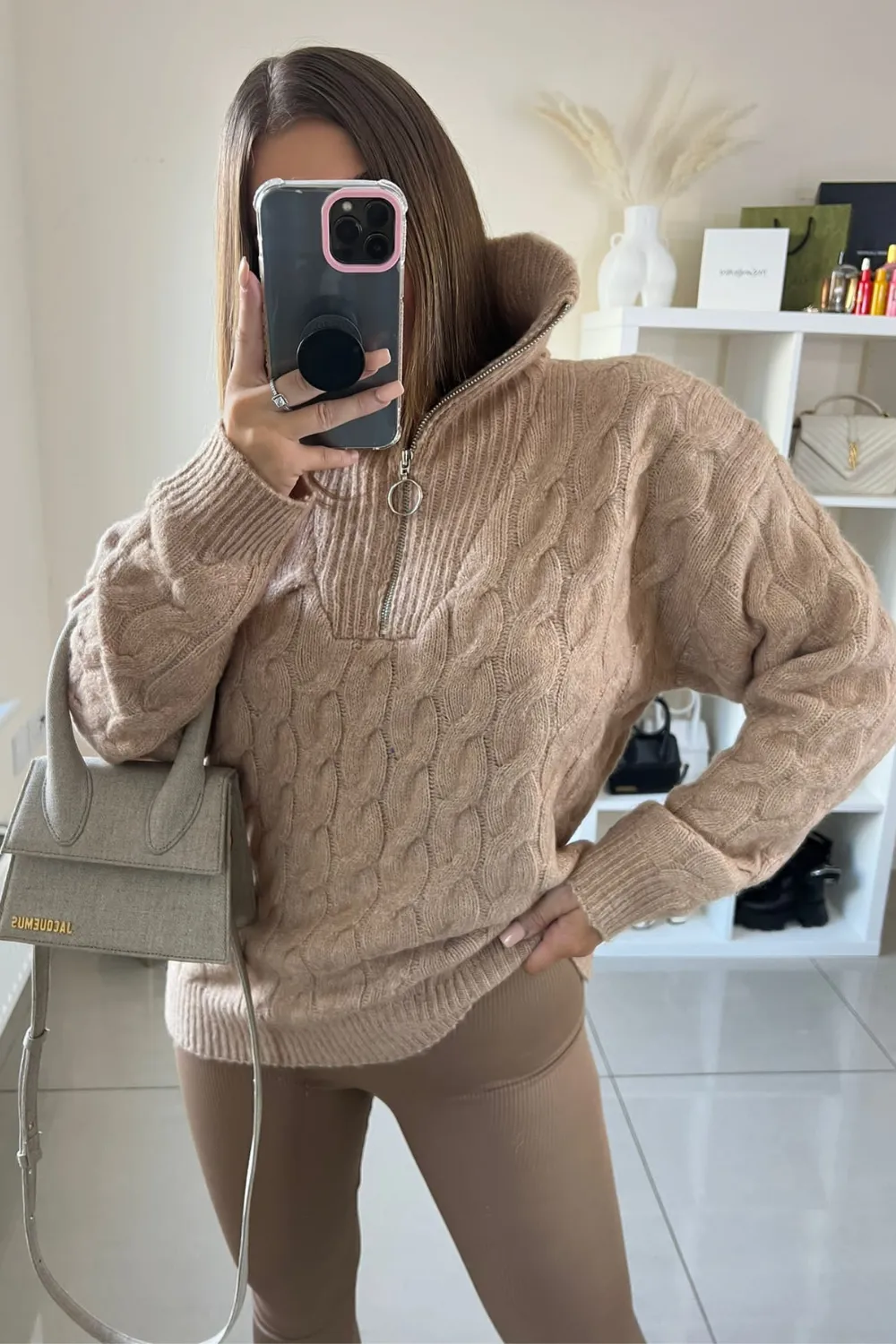 ivyy beige cable knit 1/4 zip sweater