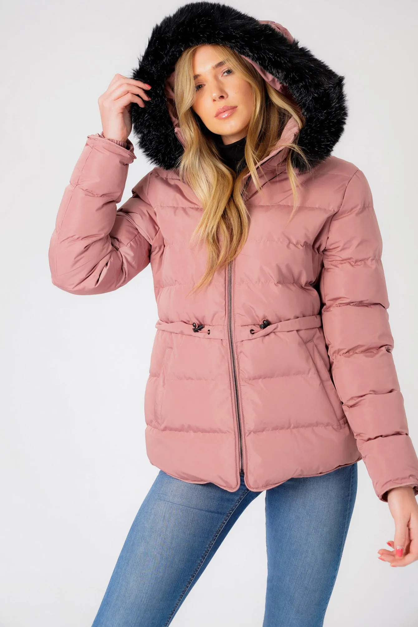 Jasmin Quilted Puffer Jacket With Faux Fur Trim Hood In Nostalgia Rose - Tokyo Laundry